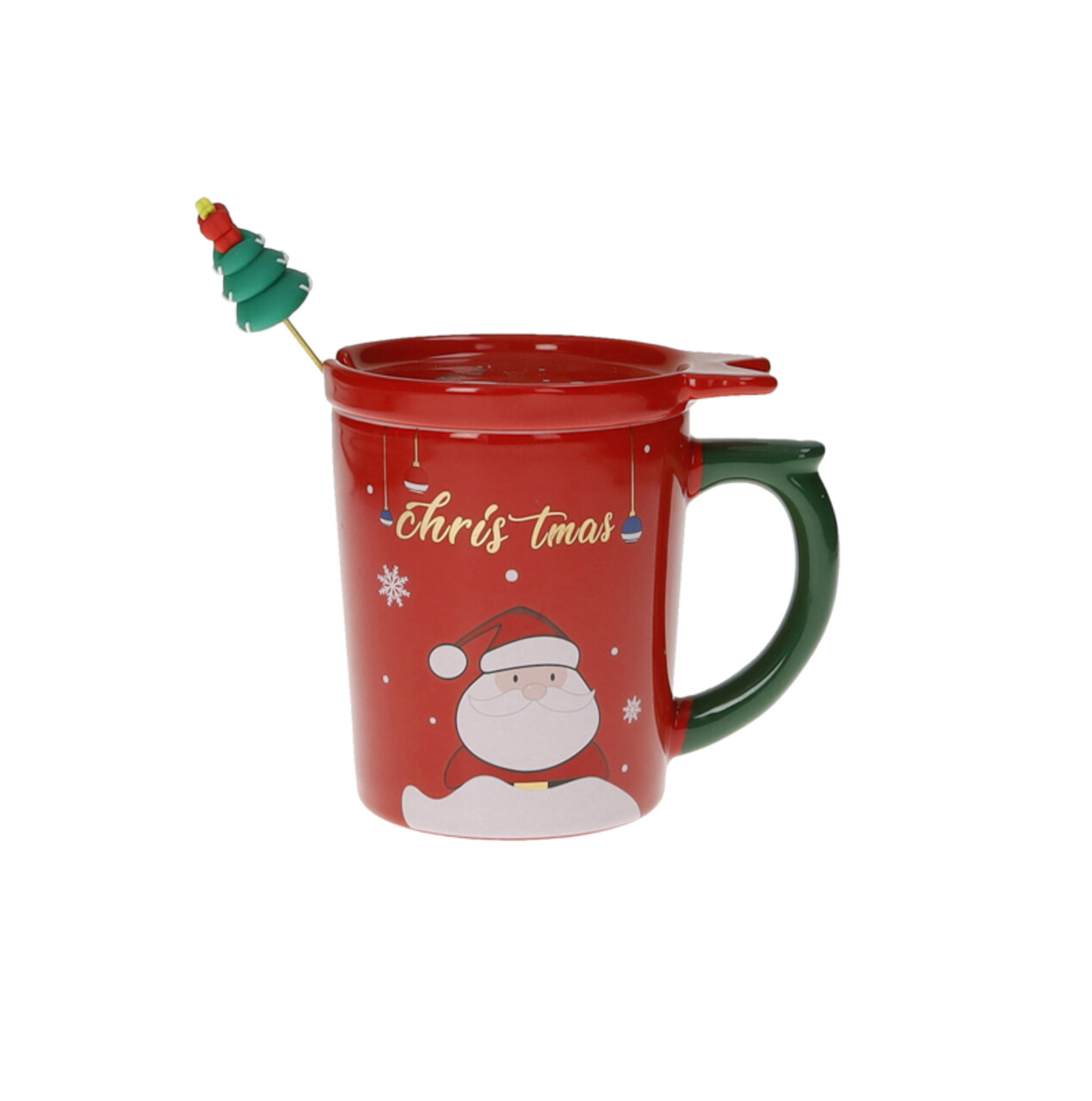 Cana cu capac si lingurita, Tree Red Gold, Brandani, 9x11 cm, portelan New Bone China - imagine 3
